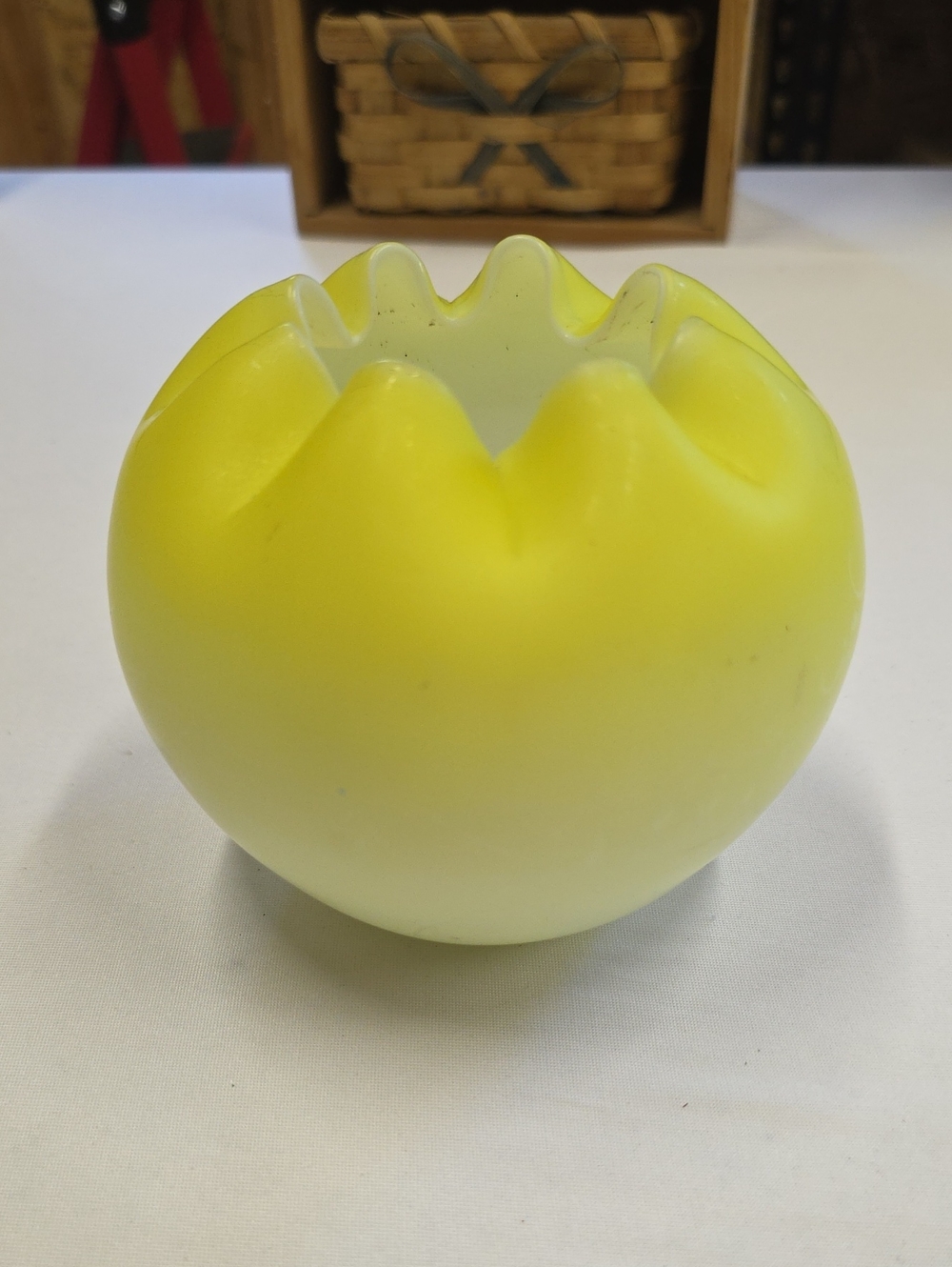 Vintage Victorian-style Yellow Satin Glass Rose Bowl With Ruffled Rim